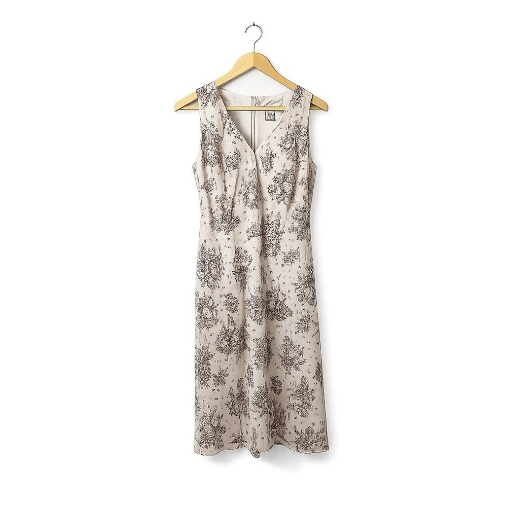 Papell Boutique Ivory Brown Floral Linen Blend Dress Sz 10 Cottage Wedding Guest